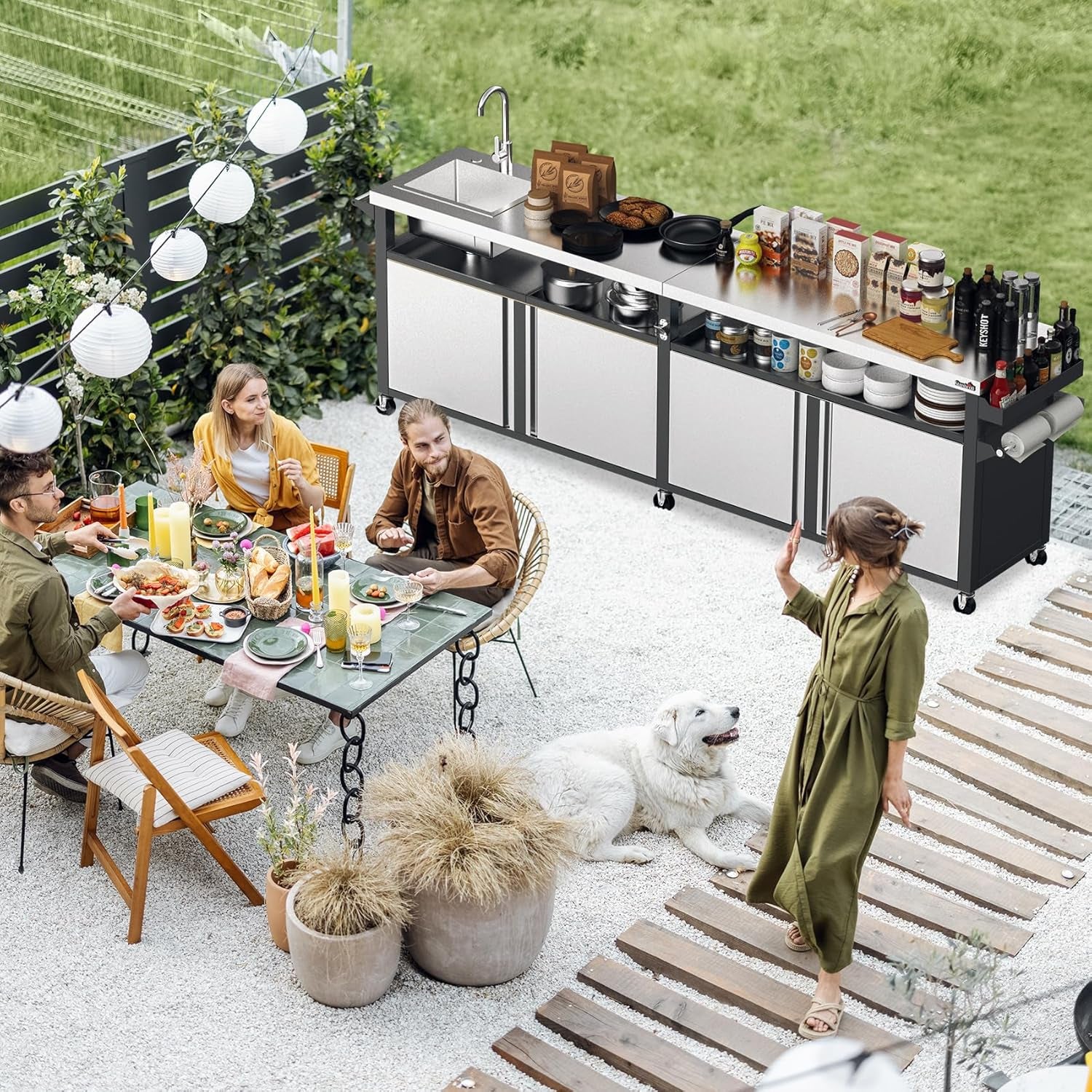 Rolling Outdoor Kitchen Island with Stainless Steel Table Top & Storage Cabinets, Sink&Faucet Included, Extra Large