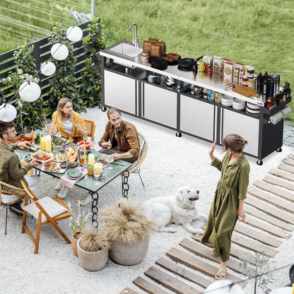 Rolling Outdoor Kitchen Island with Stainless Steel Table Top & Storage Cabinets, Sink&Faucet Included, Extra Large