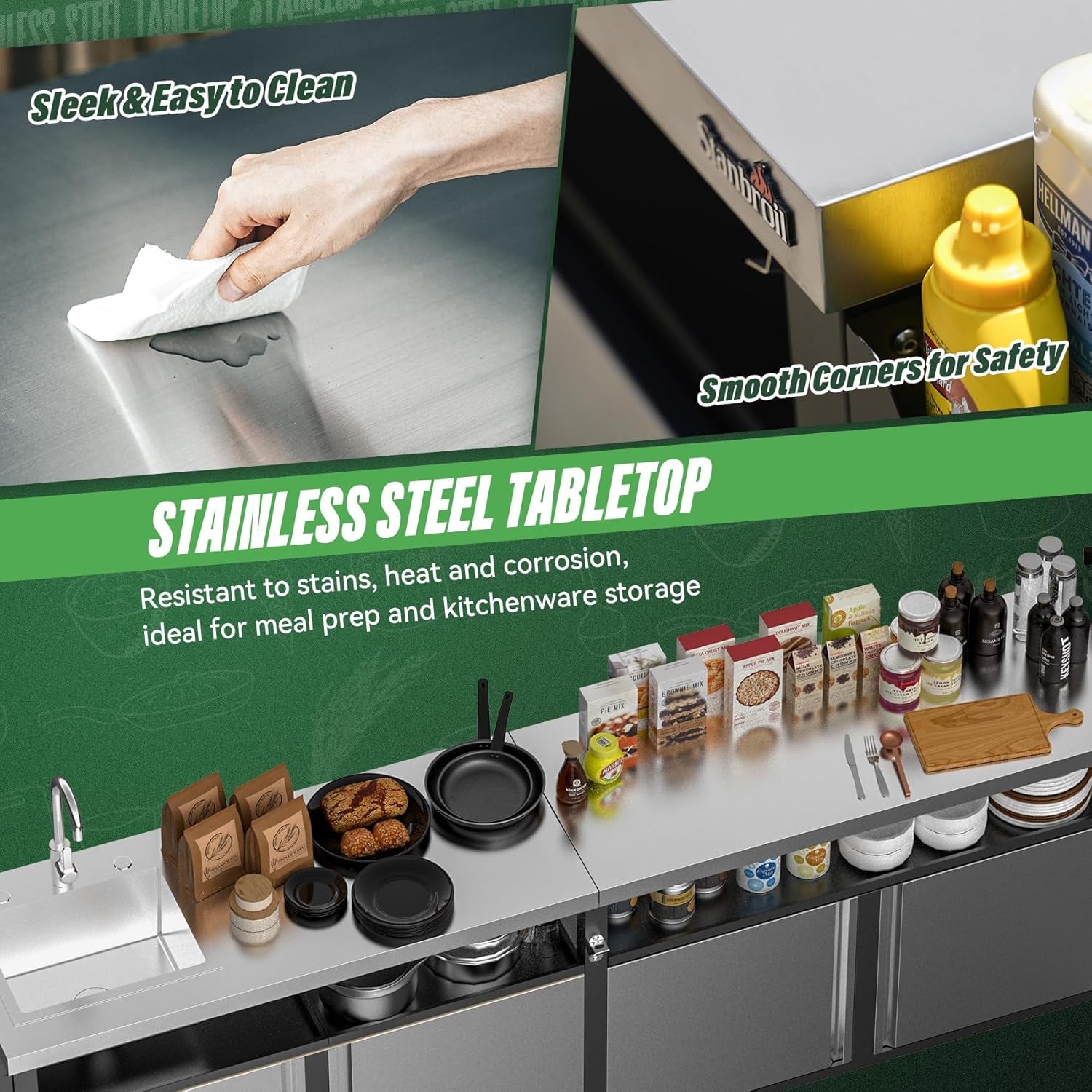 Rolling Outdoor Kitchen Island with Stainless Steel Table Top & Storage Cabinets, Sink&Faucet Included, Extra Large