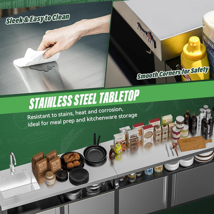Rolling Outdoor Kitchen Island with Stainless Steel Table Top & Storage Cabinets, Sink&Faucet Included, Extra Large