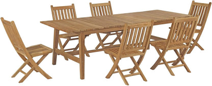 EEI-3309-NAT-SET Marina 7 Piece Patio Teak Outdoor Dining Set in Natural, Six Folding Side Chair/One Table,