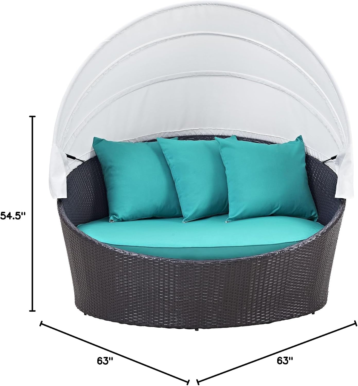 Convene Wicker Rattan Outdoor Patio Retractable Canopy round Poolside Sofa Daybed in Espresso Turquoise