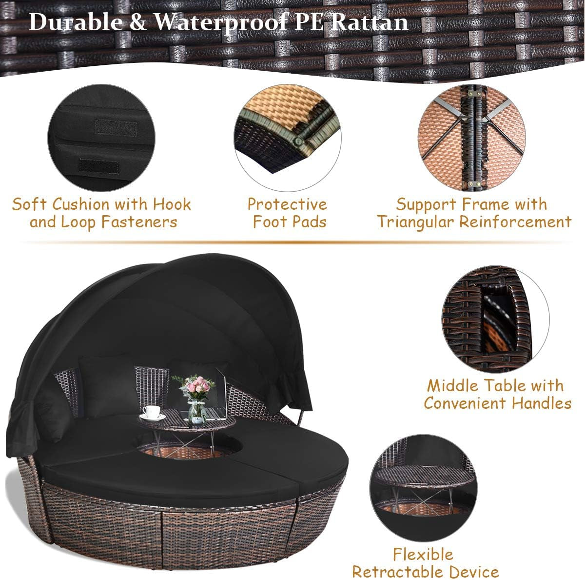 Patio round Daybed with Retractable Canopy, Wicker Furniture Sectional Couch with Separate Cushioned Seats, Adjustable Table Top, Patio Rattan Daybed Sofa for Backyard, Poolside, Black