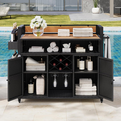 Outdoor Grill Cart BBQ Prep Station, Double Tabletop Rolling Wicker Kitchen Island with 7 Adjustable Shelves & Wine Rack, Weather-Resistant Storage Cabinet for Patio Backyard Garden, Black