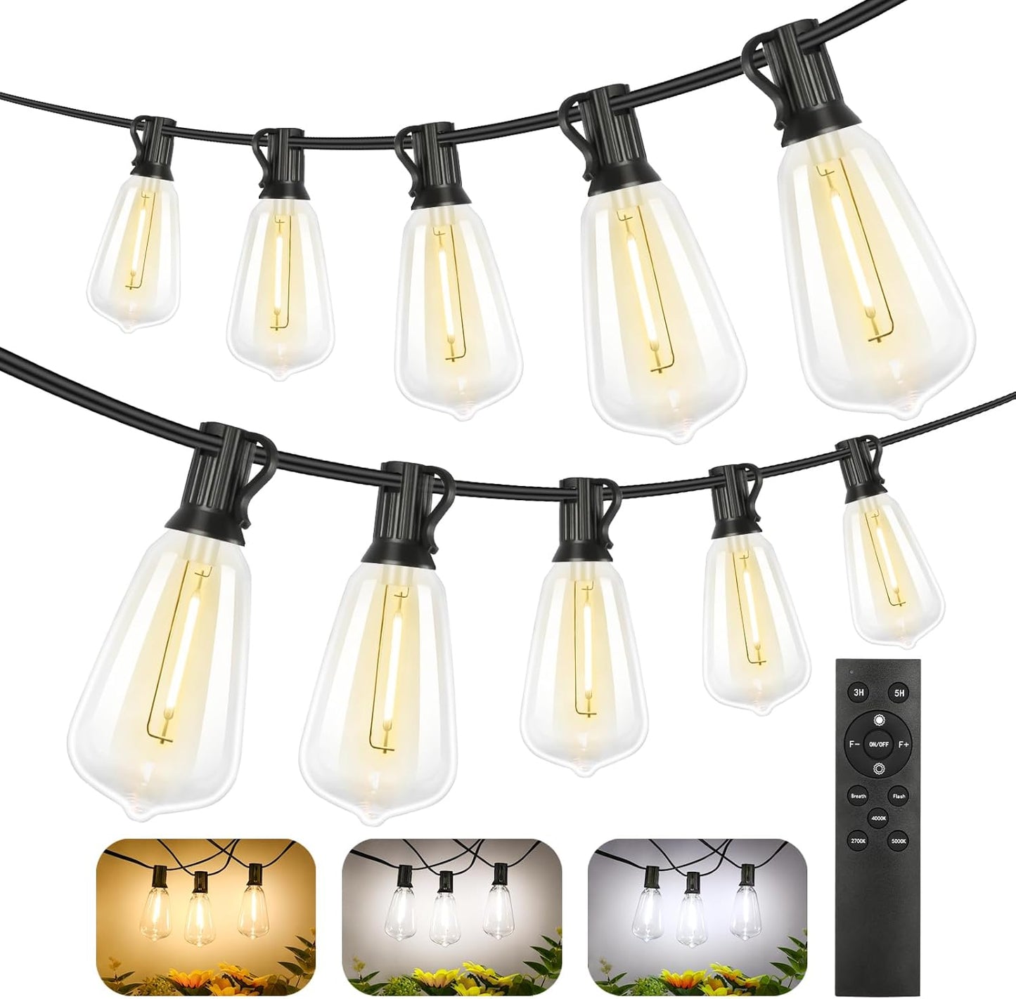200FT Outdoor String Lights with Remote, 2700K/4000K/5000K Selectable LED String Lights for outside with 100+4 ST38 Edison Bulbs, 3 Modes Dimmable Patio Lights Waterproof for Camping, Deck