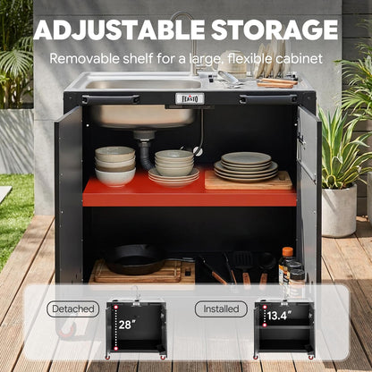 Outdoor Kitchen Island with Stainless Steel Sink and Storage Cabinet, 35-Inch BBQ Prep Station with Faucet & Lockable Wheels for Patio, Backyard, and Outdoor Cooking, Black & Silver