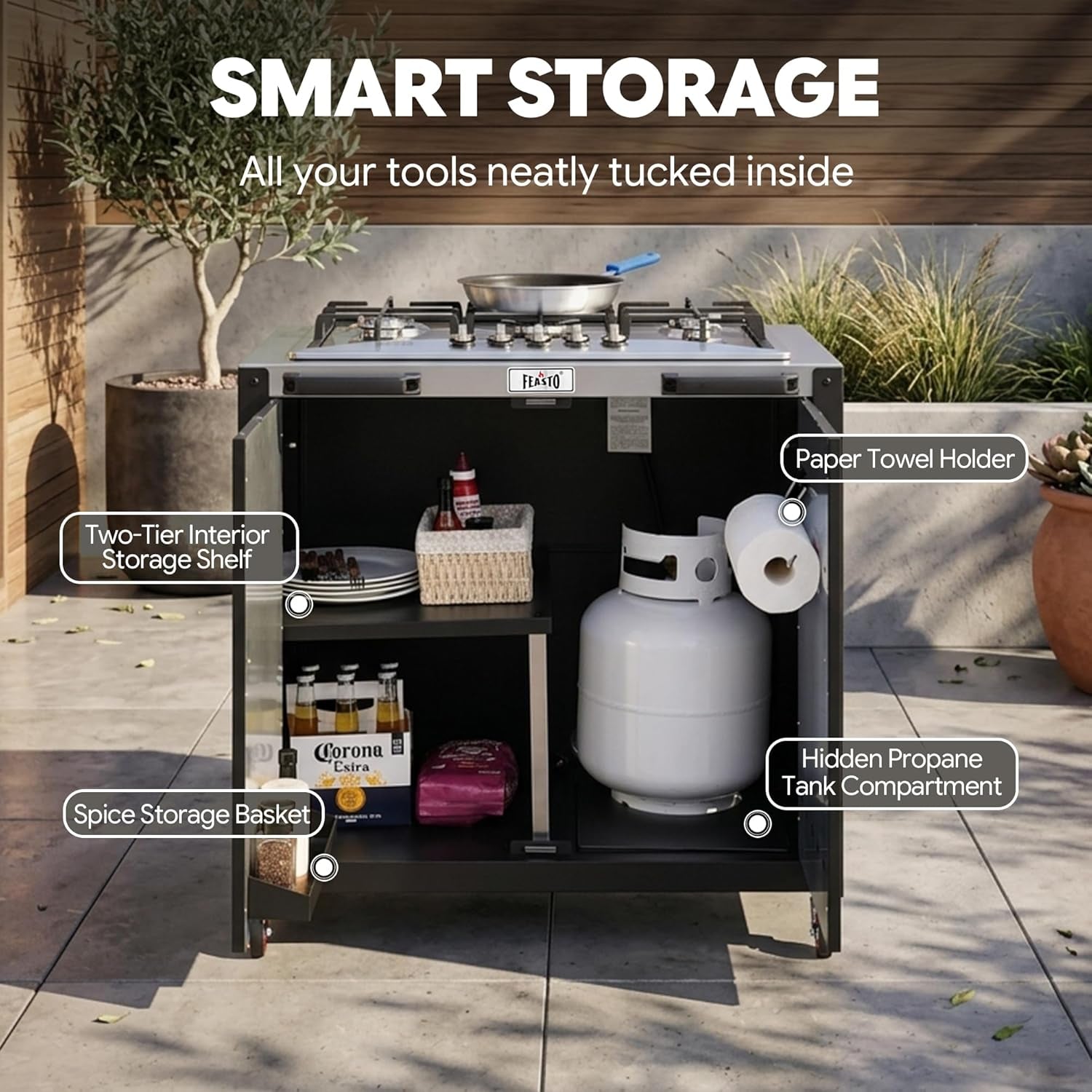 Outdoor Kitchen Island with Propane Gas Stove and Storage Cabinet, 35-Inch Outdoor Cooking Station with 304 Stainless Steel Top & Lockable Wheels for Backyard Patio, Black & Silver