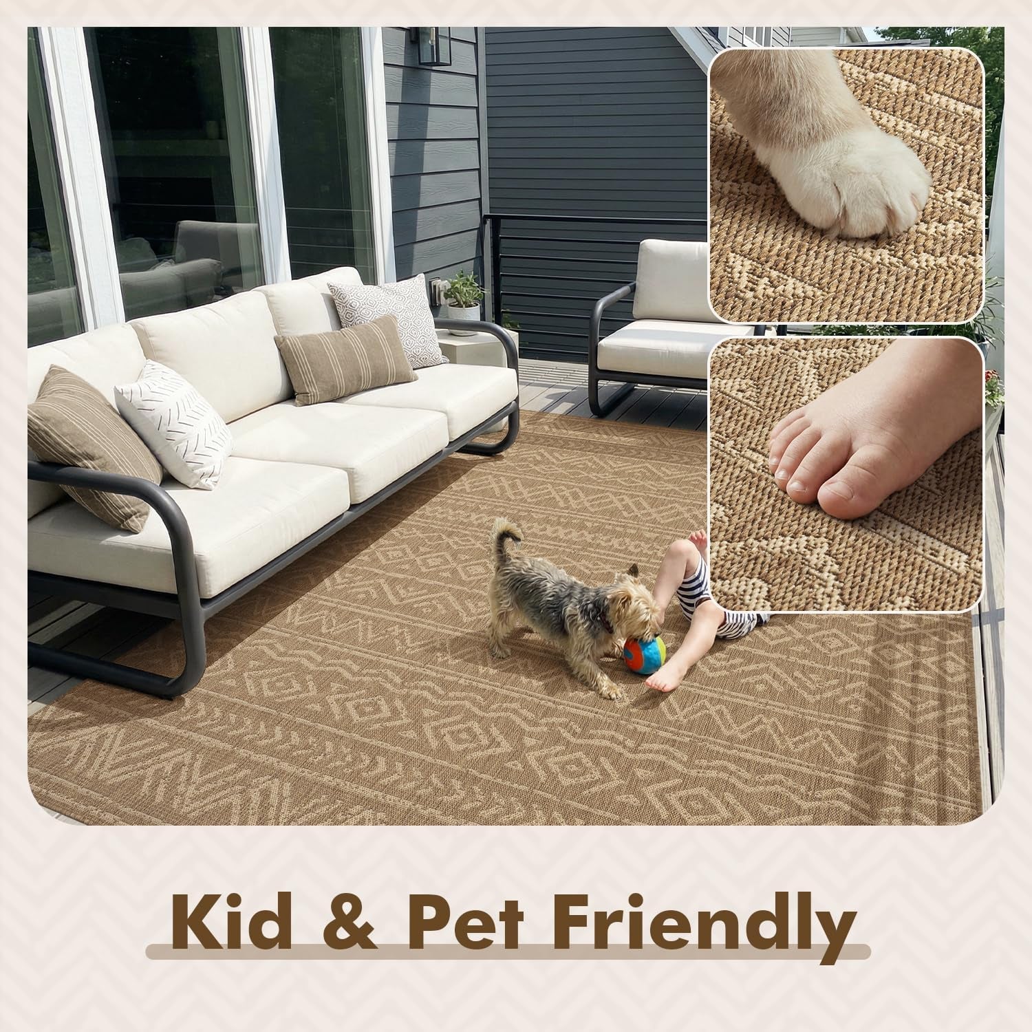 -Outdoor Rug-Patio Rug 8X10 Polypropylene Indoor Outdoor Rug Outdoor Carpet for Patio Deck Balcony Porch, Textured Weave, Durable for High Traffic, Fade-Resistant, Boho Farmhouse Neutral Brown