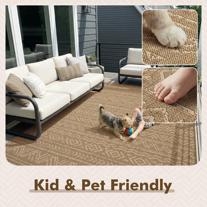 -Outdoor Rug-Patio Rug 8X10 Polypropylene Indoor Outdoor Rug Outdoor Carpet for Patio Deck Balcony Porch, Textured Weave, Durable for High Traffic, Fade-Resistant, Boho Farmhouse Neutral Brown