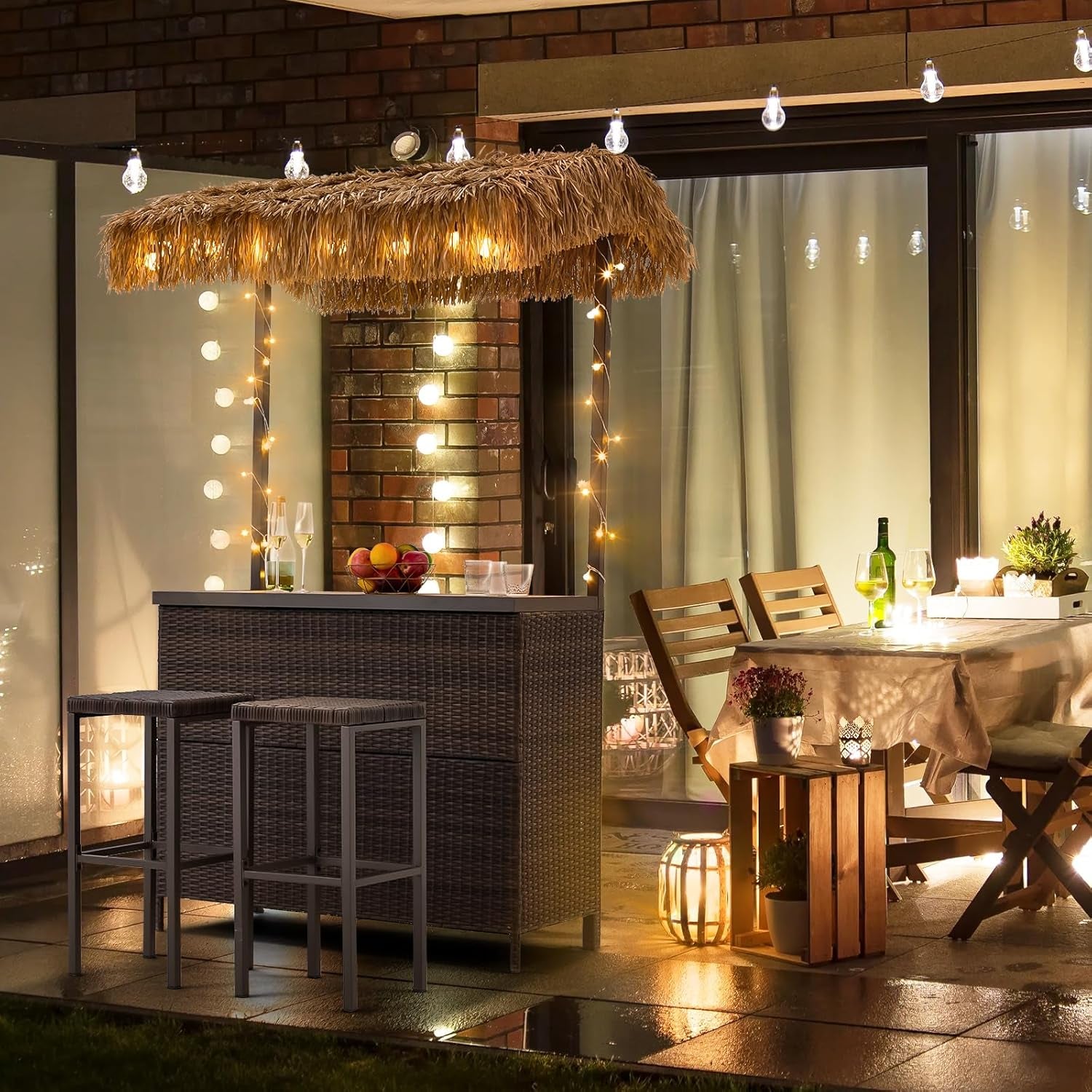 Outdoor Tiki Bar Set, 3 Pieces Wicker Patio Bar Set W/2 Height Stools, Storage Shelf, Canopy, Plastic Wood Tabletop for Backyard Poolside Garden, Brown