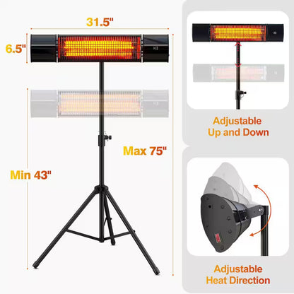 1500 Watt Indoor Outdoor Metal Electric Infrared Heater with Remote Control Wall Mount Tripod Black 1 Piece