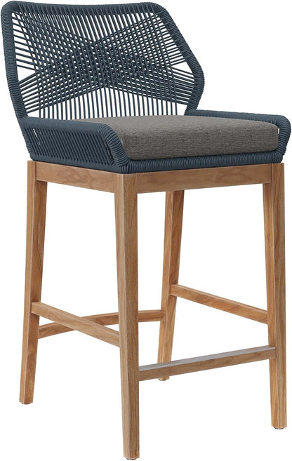 Wellspring 3-Piece Teak Wood Outdoor Bar Set in Blue Graphite – Bar Height Patio Dining Set with 2 Woven Rope Bar Stools and 1 Wood Pub Table