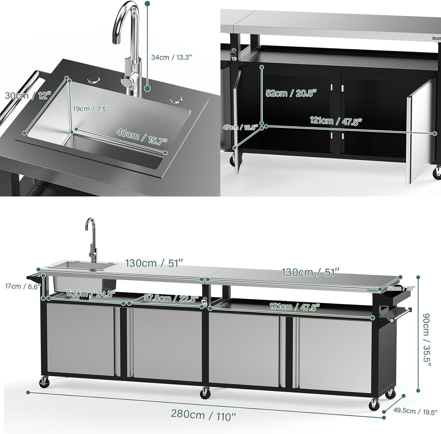 Rolling Outdoor Kitchen Island with Stainless Steel Table Top & Storage Cabinets, Sink&Faucet Included, Extra Large