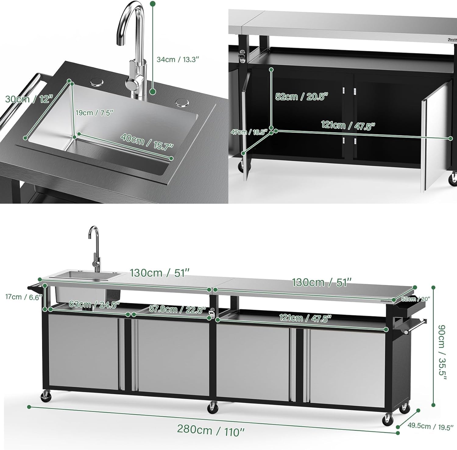 Rolling Outdoor Kitchen Island with Stainless Steel Table Top & Storage Cabinets, Sink&Faucet Included, Extra Large
