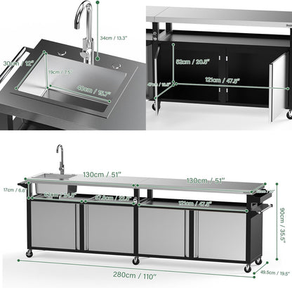 Rolling Outdoor Kitchen Island with Stainless Steel Table Top & Storage Cabinets, Sink&Faucet Included, Extra Large