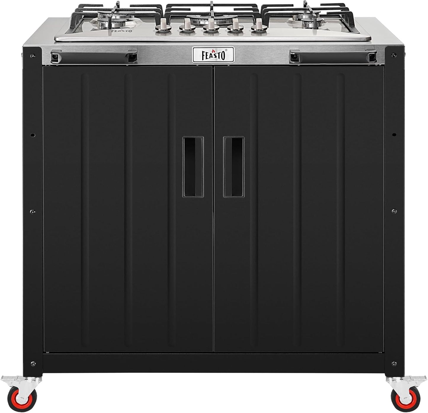 Outdoor Kitchen Island with Propane Gas Stove and Storage Cabinet, 35-Inch Outdoor Cooking Station with 304 Stainless Steel Top & Lockable Wheels for Backyard Patio, Black & Silver