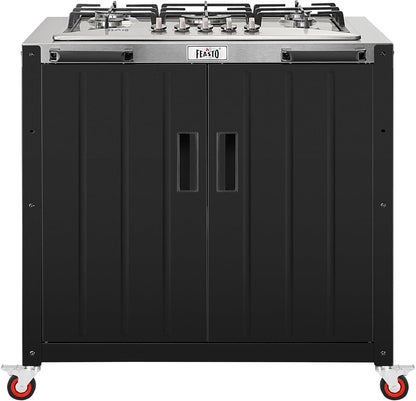 Outdoor Kitchen Island with Propane Gas Stove and Storage Cabinet, 35-Inch Outdoor Cooking Station with 304 Stainless Steel Top & Lockable Wheels for Backyard Patio, Black & Silver