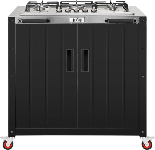 Outdoor Kitchen Island with Propane Gas Stove and Storage Cabinet, 35-Inch Outdoor Cooking Station with 304 Stainless Steel Top & Lockable Wheels for Backyard Patio, Black & Silver