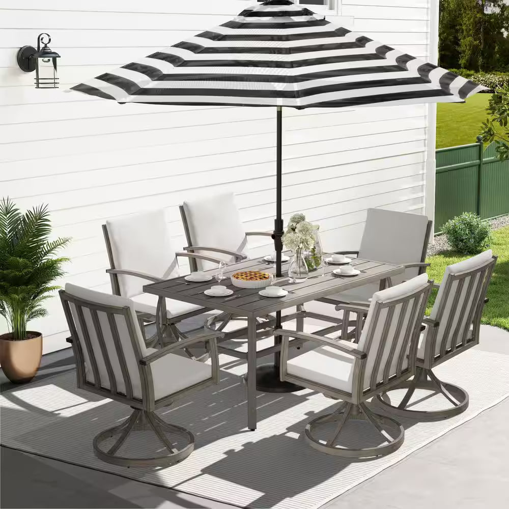 Alulux 7-Piece Aluminum Outdoor Dining Set with Swivel Rockers Chairs and Gray Cushions