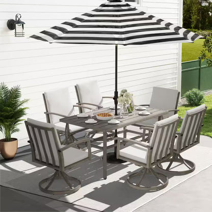 Alulux 7-Piece Aluminum Outdoor Dining Set with Swivel Rockers Chairs and Gray Cushions