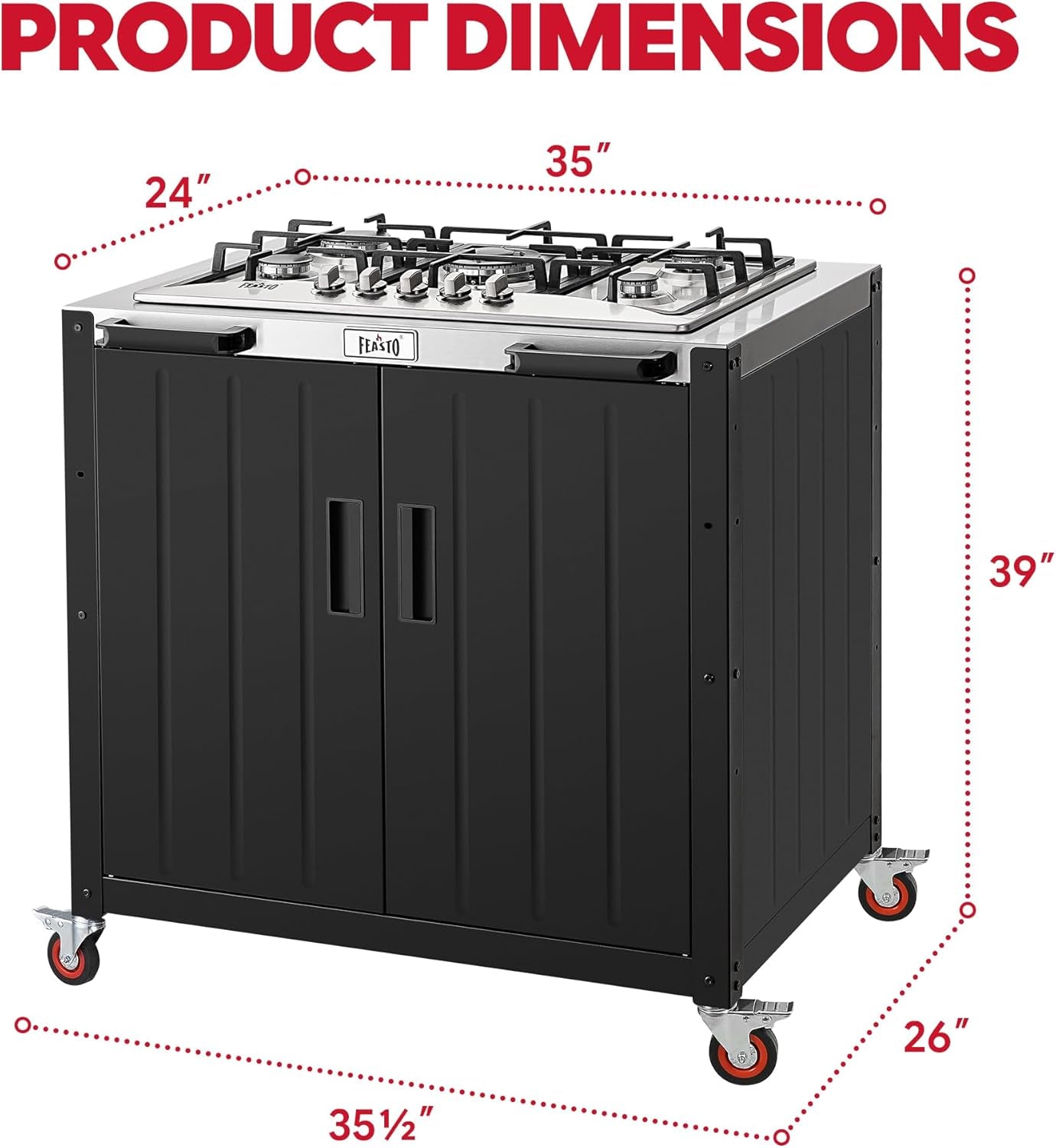 Outdoor Kitchen Island with Propane Gas Stove and Storage Cabinet, 35-Inch Outdoor Cooking Station with 304 Stainless Steel Top & Lockable Wheels for Backyard Patio, Black & Silver