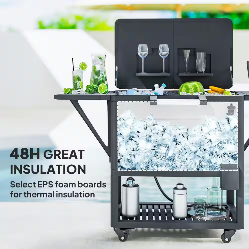 104 Qt. Large Capacity Patio Cooler Cart, Ice Chest with Bottle Opener and Shelves, Outdoor Beverage Bar Cart in Gray