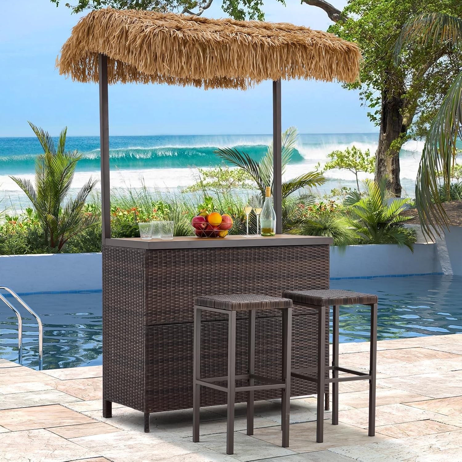 Outdoor Tiki Bar Set, 3 Pieces Wicker Patio Bar Set W/2 Height Stools, Storage Shelf, Canopy, Plastic Wood Tabletop for Backyard Poolside Garden, Brown