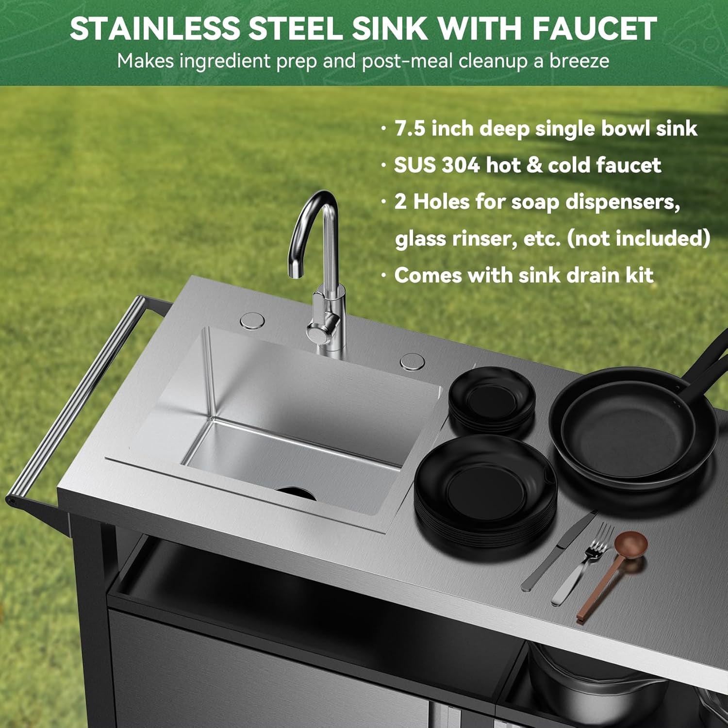 Rolling Outdoor Kitchen Island with Stainless Steel Table Top & Storage Cabinets, Sink&Faucet Included, Extra Large