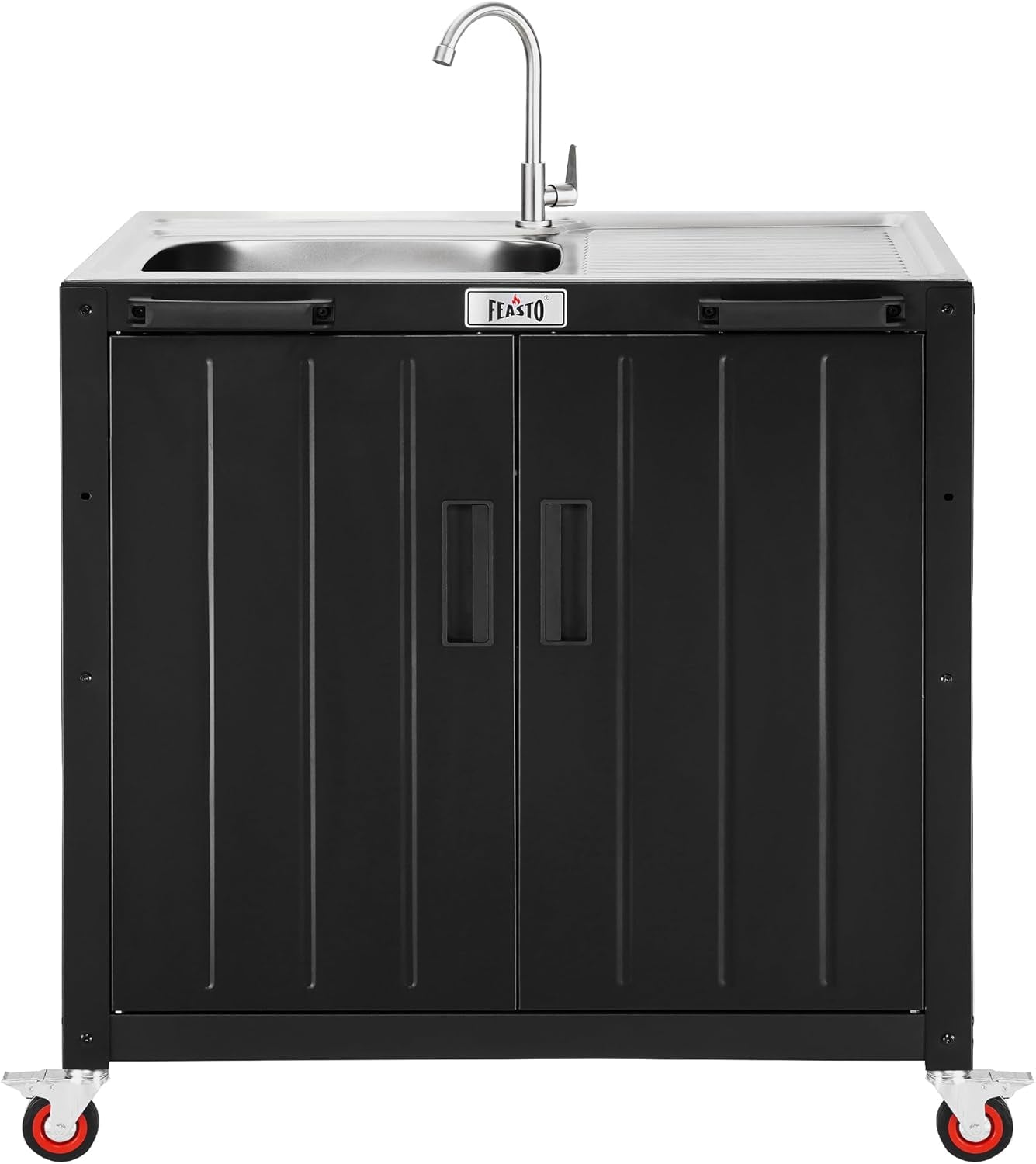 Outdoor Kitchen Island with Stainless Steel Sink and Storage Cabinet, 35-Inch BBQ Prep Station with Faucet & Lockable Wheels for Patio, Backyard, and Outdoor Cooking, Black & Silver