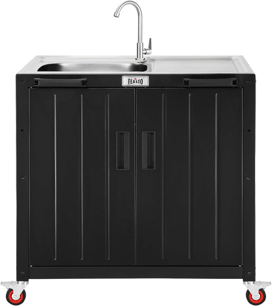 Outdoor Kitchen Island with Stainless Steel Sink and Storage Cabinet, 35-Inch BBQ Prep Station with Faucet & Lockable Wheels for Patio, Backyard, and Outdoor Cooking, Black & Silver