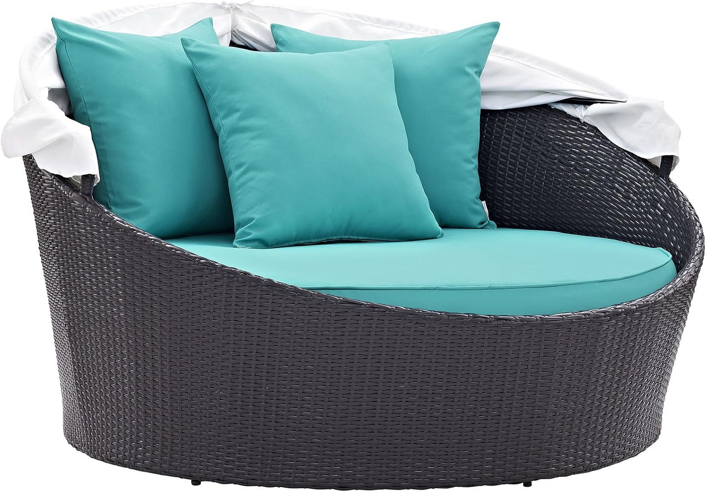 Convene Wicker Rattan Outdoor Patio Retractable Canopy round Poolside Sofa Daybed in Espresso Turquoise
