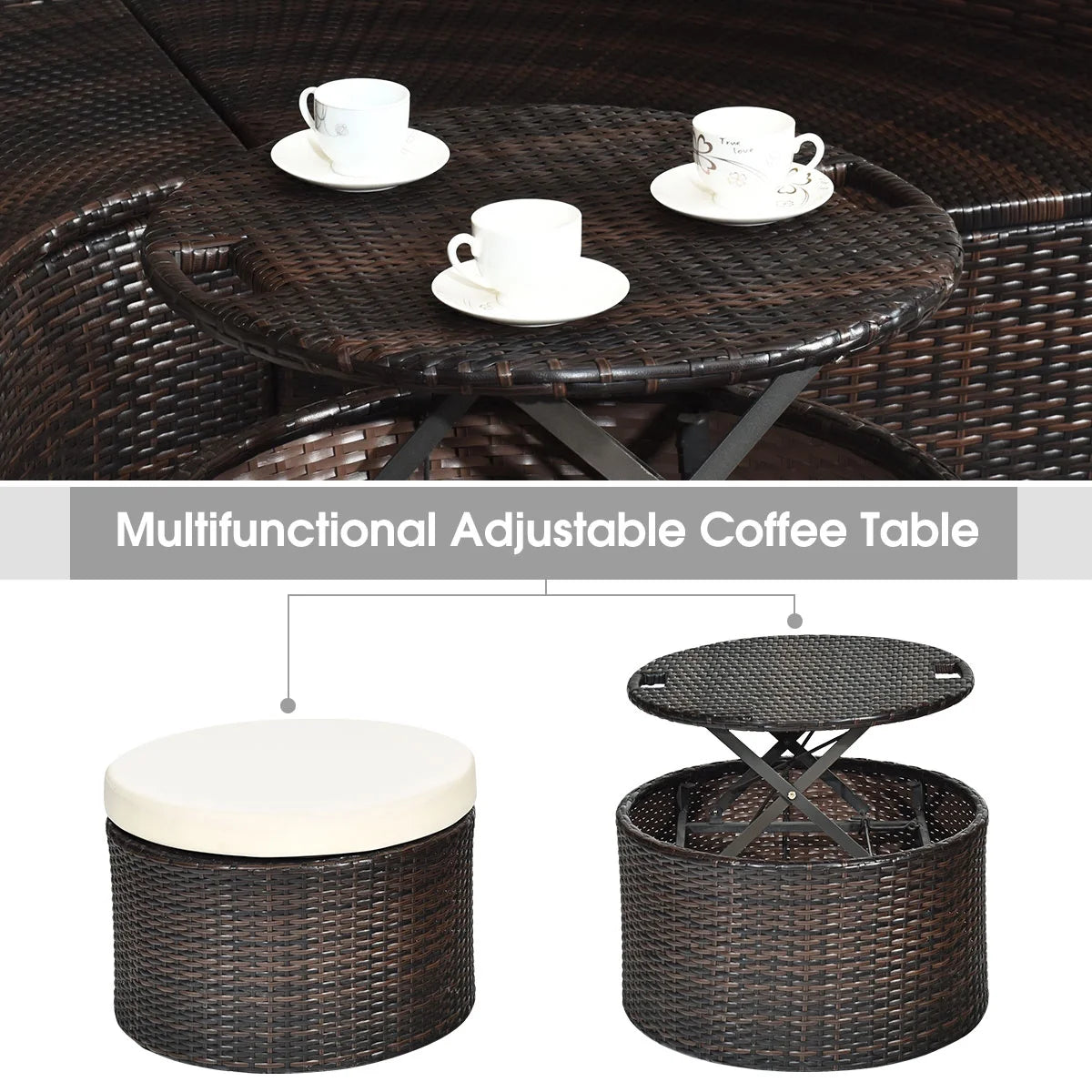 Cushioned Patio Rattan round Daybed W/ Adjustable Table 3 Pillows Canopy