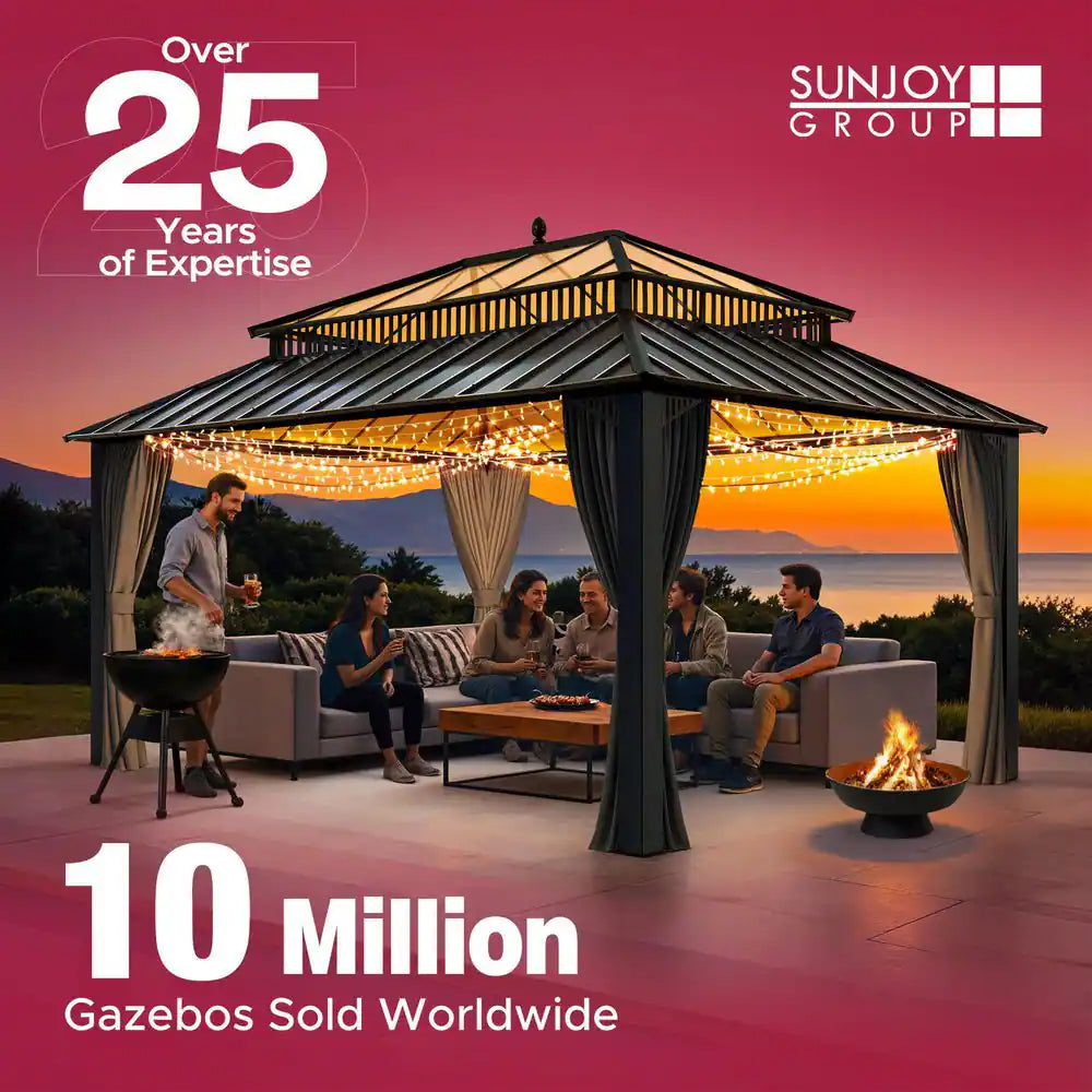 13 Ft. X 15 Ft. Black Galvanized Steel Aluminum Framed Hardtop Gazebo with Planters Shelves and Private Screen