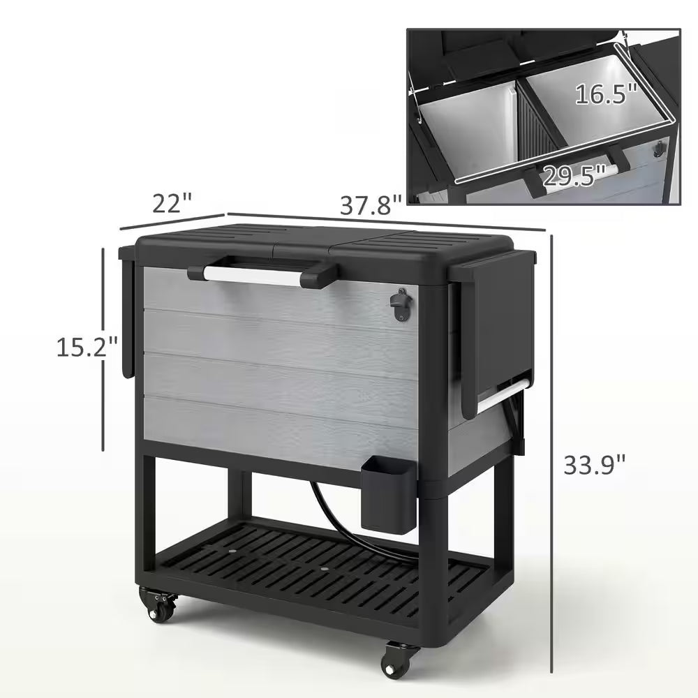 104 Qt. Large Capacity Patio Cooler Cart, Ice Chest with Bottle Opener and Shelves, Outdoor Beverage Bar Cart in Gray