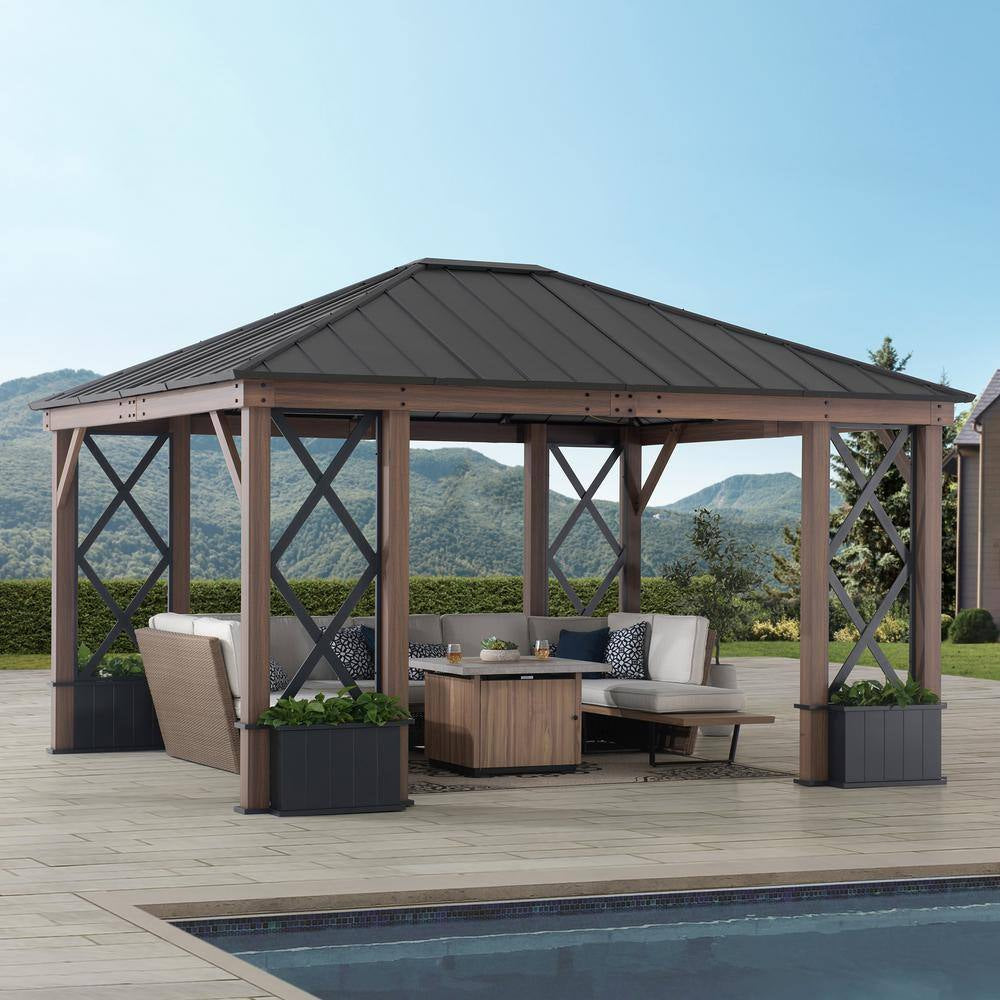 13 Ft. X 15 Ft. Black Galvanized Steel Aluminum Framed Hardtop Gazebo with Planters Shelves and Private Screen