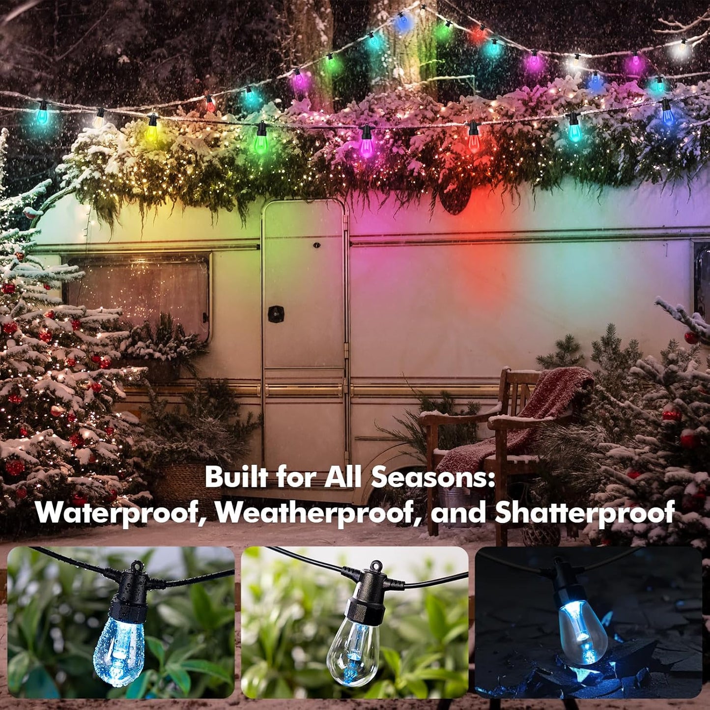 Outdoor String Lights Waterproof Patio Lights 104FT (2X52Ft) 40 RGBW Dimmable LED Bulbs, APP & Remote Control, Shatterproof Hanging Color Changing Lights for outside Backyard Party Porch Balcony