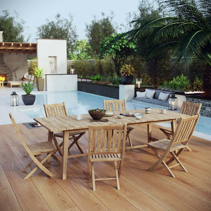EEI-3309-NAT-SET Marina 7 Piece Patio Teak Outdoor Dining Set in Natural, Six Folding Side Chair/One Table,