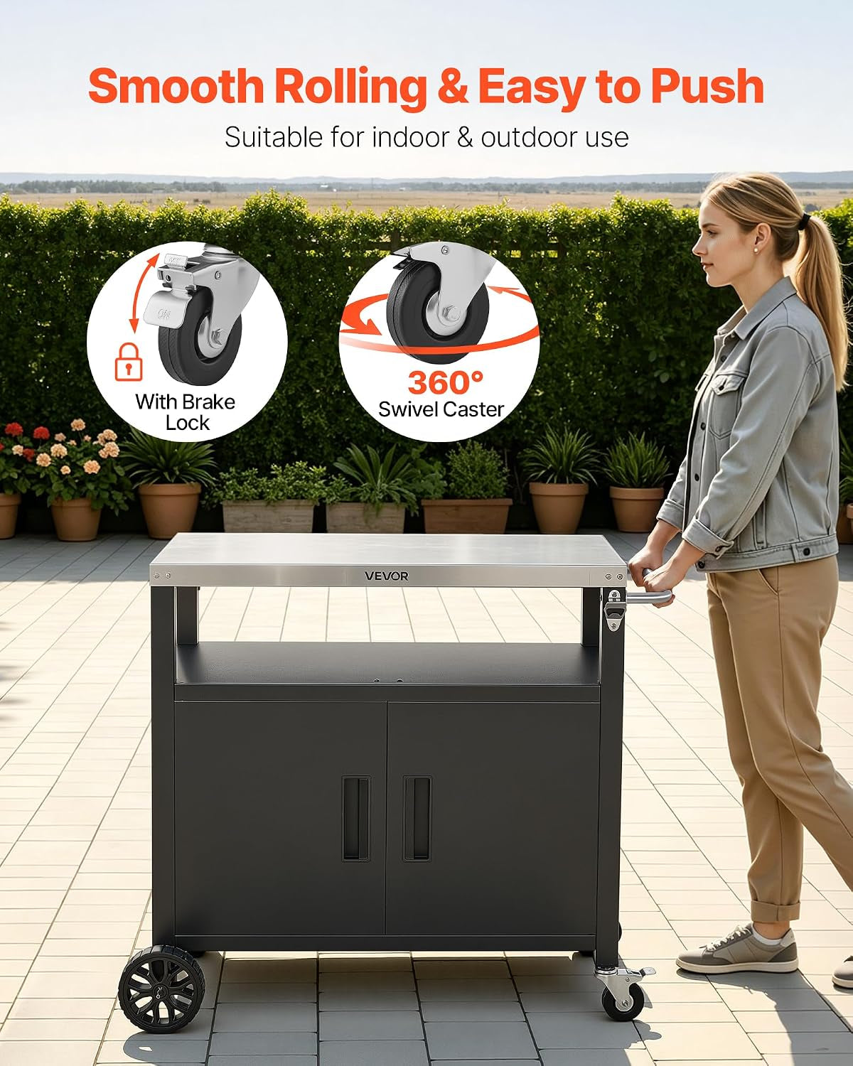 Outdoor Grill Cart with Storage Cabinet, 36.4 Inch Grill Table, Waterproof Kitchen Island with Stainless Steel Top, Shelf, and Wheels, Movable Food Prep Station for Patio Bar Backyard BBQ