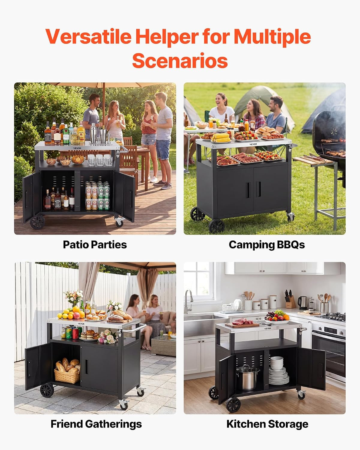 Outdoor Grill Cart with Storage Cabinet, 36.4 Inch Grill Table, Waterproof Kitchen Island with Stainless Steel Top, Shelf, and Wheels, Movable Food Prep Station for Patio Bar Backyard BBQ