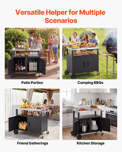 Outdoor Grill Cart with Storage Cabinet, 36.4 Inch Grill Table, Waterproof Kitchen Island with Stainless Steel Top, Shelf, and Wheels, Movable Food Prep Station for Patio Bar Backyard BBQ
