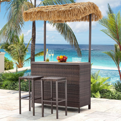 Outdoor Tiki Bar Set, 3 Pieces Wicker Patio Bar Set W/2 Height Stools, Storage Shelf, Canopy, Plastic Wood Tabletop for Backyard Poolside Garden, Brown