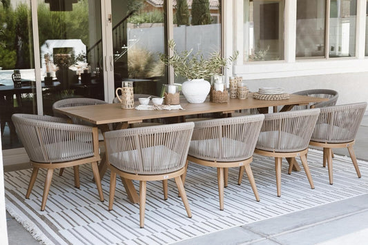 Outdoor Dining Set for 10 All-Weather Aluminum 11 Piece Furniture Sets with Woodgrain Table and Rope Weave Chairs Included Cushions for Backyard Indoor Decor Kitchen Patio Set Teak Color