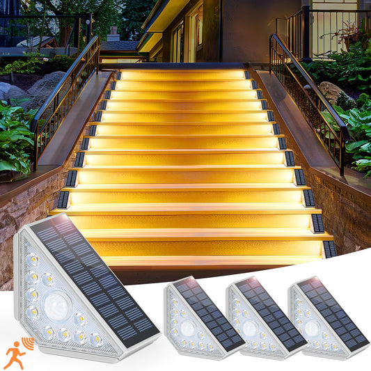 Motion Sensor Solar Step Lights for Outside, 4-Pack Outdoor Stair Lights Waterproof IP67, Solar Powered LED Outdoor Step Lights Decor for Yard Garden Porch Patio Pathway Deck, Warm White