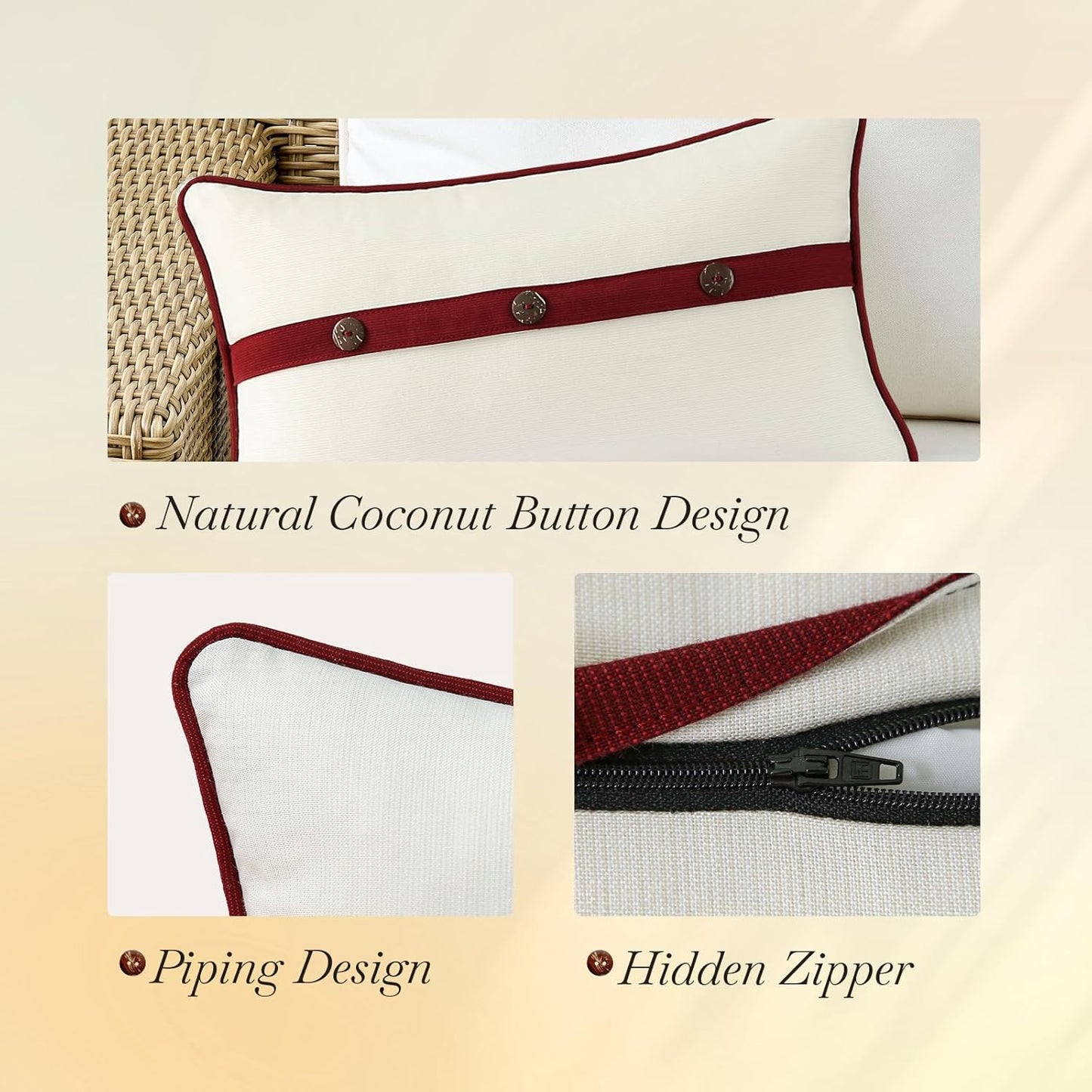 Outdoor Sunbrella Decorative Pillows with Triple Coconut Buttons Pack of 4, 20" X 12" Outdoor Pillow Set for Couch Bed Throw Patio Sofa, Spectrum Eggshell/Spectrum Ruby