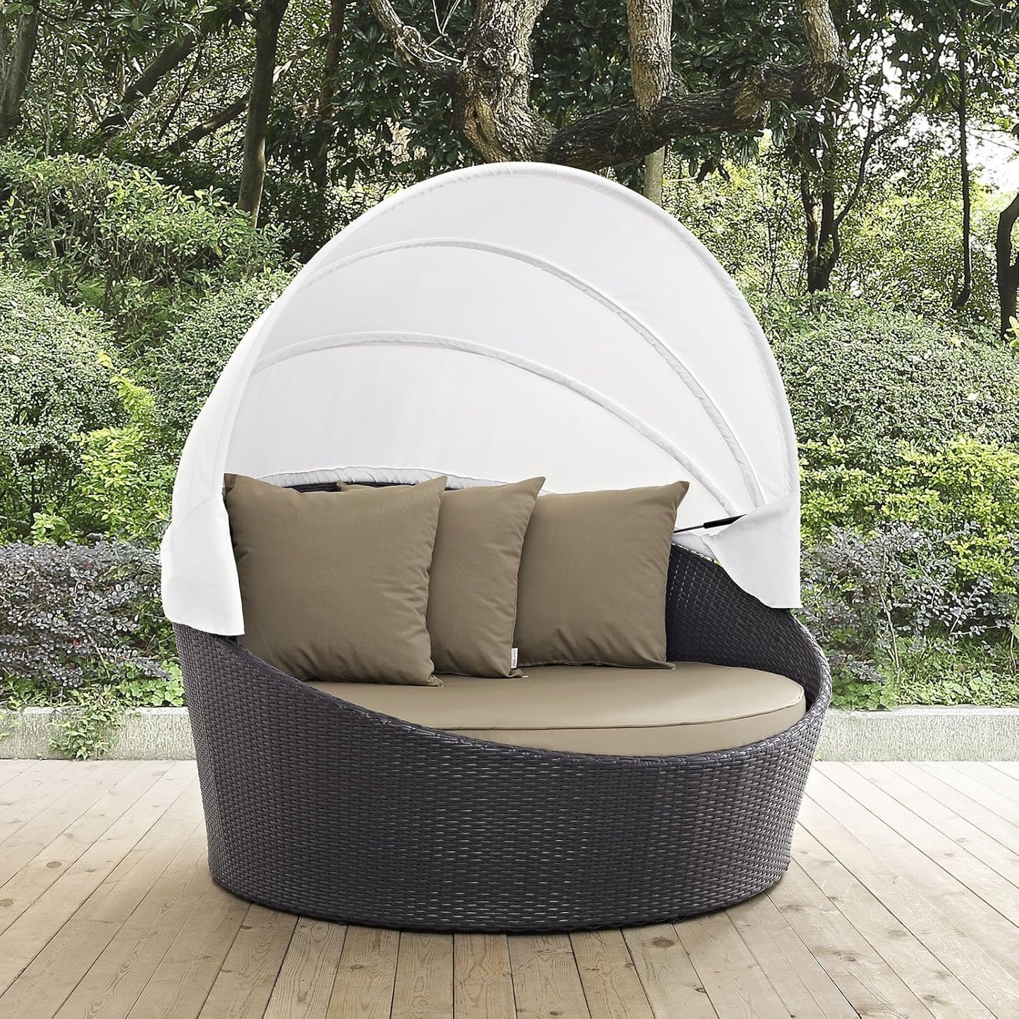 Convene Wicker Rattan Outdoor Patio Retractable Canopy round Poolside Sofa Daybed in Espresso Mocha