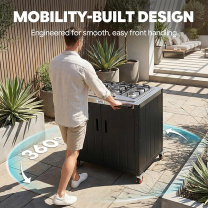 Outdoor Kitchen Island with Propane Gas Stove and Storage Cabinet, 35-Inch Outdoor Cooking Station with 304 Stainless Steel Top & Lockable Wheels for Backyard Patio, Black & Silver