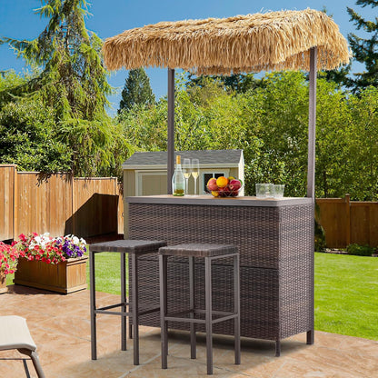 Outdoor Tiki Bar Set, 3 Pieces Wicker Patio Bar Set W/2 Height Stools, Storage Shelf, Canopy, Plastic Wood Tabletop for Backyard Poolside Garden, Brown