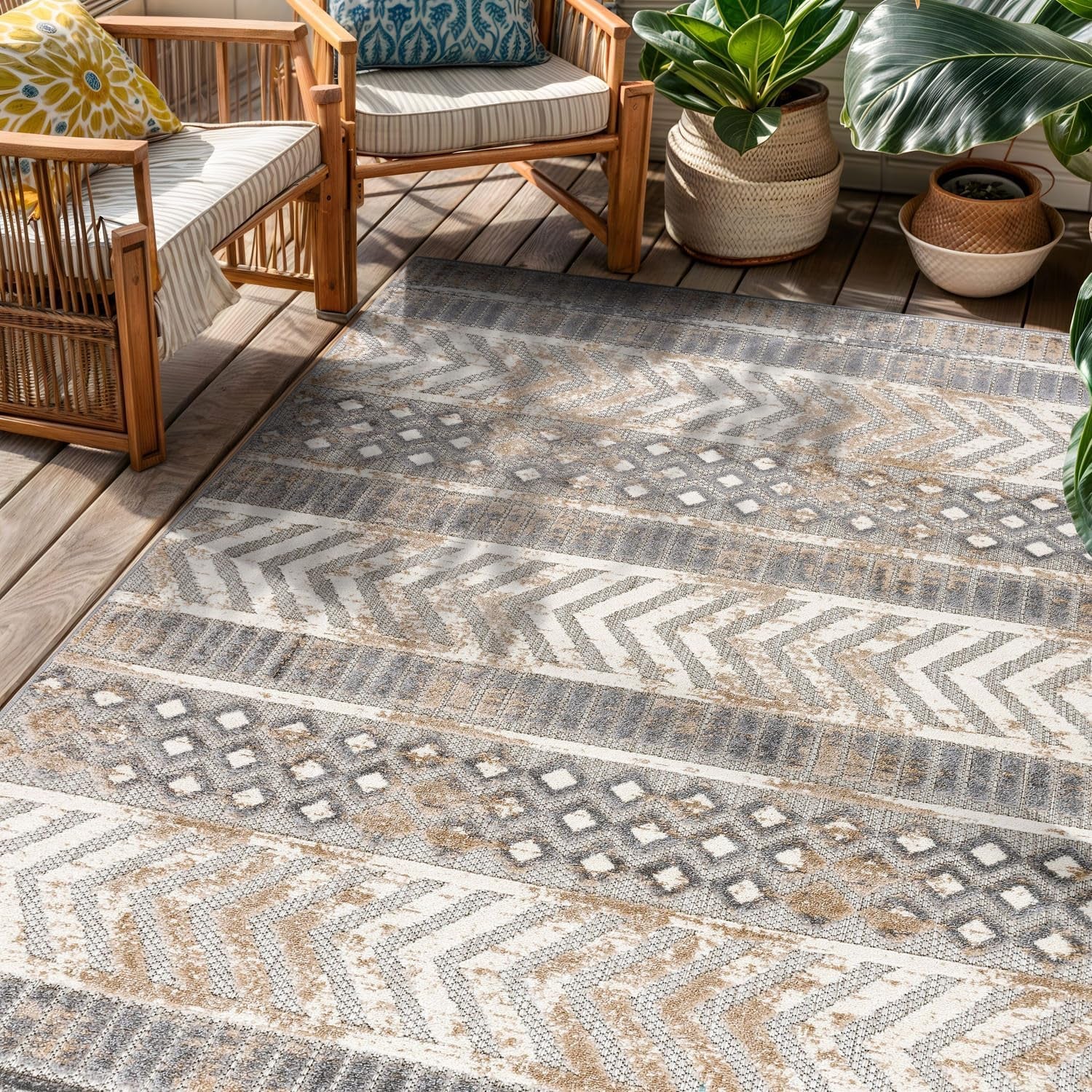 Distressed Geometric Indoor/Outdoor Beige Area Rug Modern Tribal Stripe, Durable Stain Resistant Perfect for Patio, Backyard, Deck and Outdoor Lounge 5' X 7'
