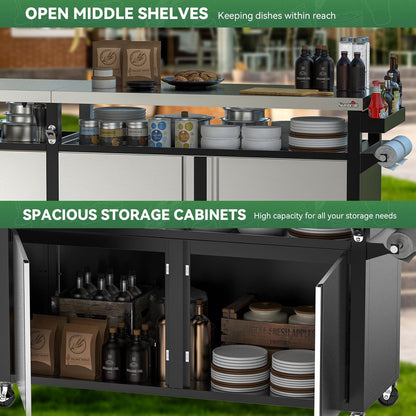 Rolling Outdoor Kitchen Island with Stainless Steel Table Top & Storage Cabinets, Sink&Faucet Included, Extra Large