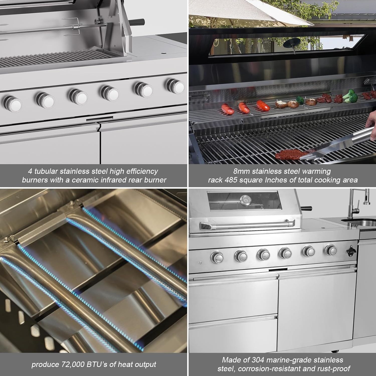 98.4 Inch Outdoor Kitchen Island, 72000 BTU Modular Propane Gas Grill Combination with Refrigerator and Sink, Outdoor Stainless Steel Barbecue Bar, Propane Grill for Patios, Gardens, Parties